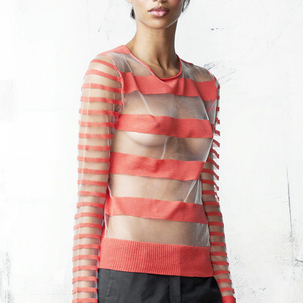 $268  EDUN Coral SHEER Crewneck SILK Sweater RIHANNA* L